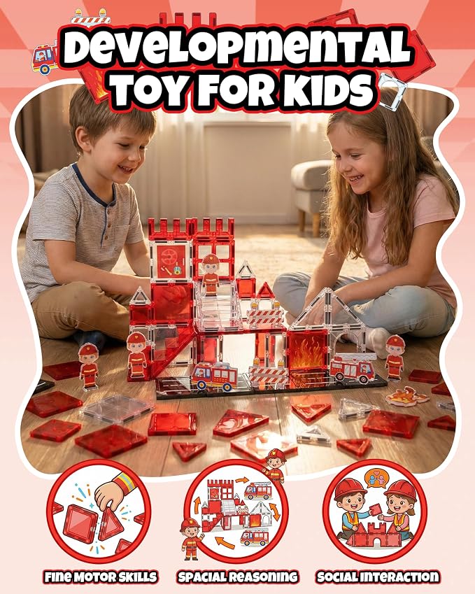 Large Magnetic Tiles for Kids, STEM Toys Building Set, Age 3+,37 Piece | Fire Rescue Magnetic Tiles Building Blocks with Rescue Scene Pieces, Firefighter Elements, Ideal Gift for Boys and Girls