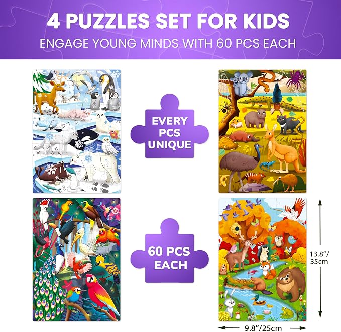 Puzzles for Kids Ages 4-6 - 4 x 60 Piece Jigsaw Puzzles for Toddlers 3-5 | Polar, Birds and Animals - Educational Kids Puzzles Ages 6-8 - Learning Gift Game for Children and Toddlers