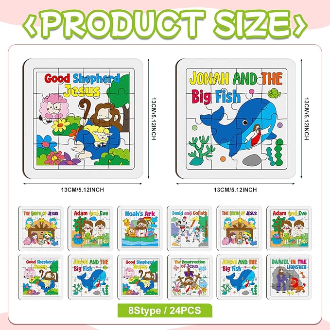 Cinrobiye 24 PCS Bible Story Jigsaw Puzzle Craft Kit, Religious Coloring Puzzle Set with Pens, DIY Christian Church Activity for VBS Sunday School Group Crafts, Faith-Based Party Favors Supplies