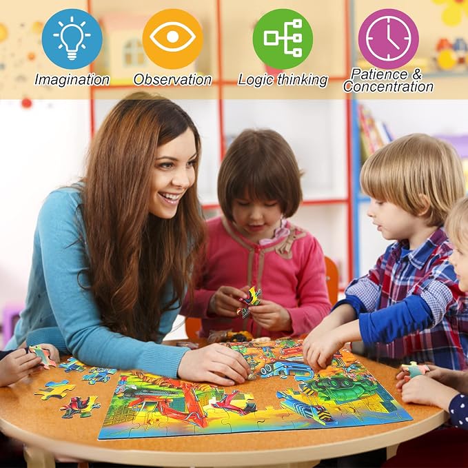 Jigsaw Puzzles for Kids Ages 3-5, 4-8, 6-8 Boys Girls - 60 Piece Construction Site - Large Piece Children Floor Jigsaw Puzzles - Science Educational Toys for 3 4 5 6 7 8 Years Old