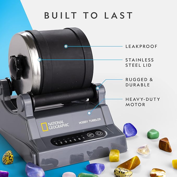 National Geographic Hobby Rock Tumbler Kit for Kids and Adult Beginners | Leak-Proof Barrel, 7-Day Timer, Rough Gemstones, 4-Stage Grit, GemFoam Polish, Jewelry Settings, Geology Hobby