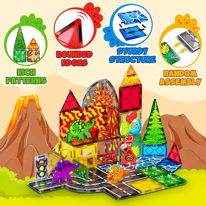 Magnetic Tiles with 4 Dinosaur Toys - Dino Magnet Tiles for Kids, Magnetic Building Blocks for Boys Girls Ages 3+, Sensory Toddler Creative Games Birthdays Gifts