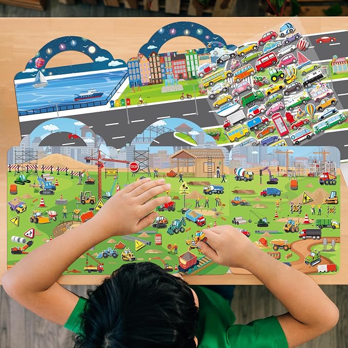 Elfew 2 Pack Puffy Vehicle Sticker Books for Toddlers Ages 2-4 3-5 | Extra-Large Tri-Fold Sticker Book, Construction Truck and Car Theme, Over 100+ Stickers, 3D Reusable, Activity Gifts for Boy