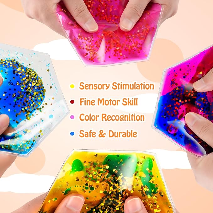 Onyoloy Sensory Soft Gel Liquid Toys - Hexagon Sensory Motion Fidget | for Autism Kids, Stress Relief & Focus, Home School Therapy Travel Toys (6 Pack)