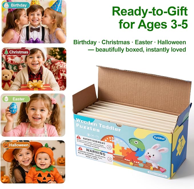 7 Pack Wooden Puzzles for Toddlers 3-5, Montessori Animal Puzzles | 70 pieces, with Numbers 1-10, CPC certified, for 3 4 5 Years Old, Preschool Learning Educational Toys, Boys Girls Gift
