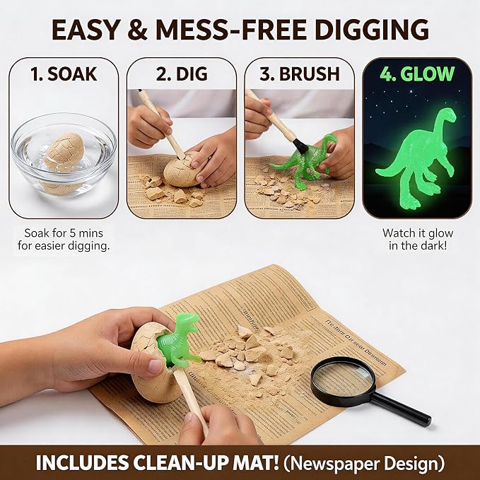 12 Glow in The Dark Dinosaur Eggs, Excavation Kit with Magnifier | Dig Kit Toys for Kids, Easter Basket Stuffers, Science STEM Party Favor Gifts for Boys Girls Age 3 4 5 6 7 8 9 10 + Years Old