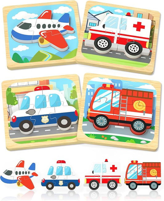 Benresive Wooden Toddler Puzzles, Toddler Toys, 1 2 Year Old Boy Girl Gift | 4 Pack Vehicle Montessori Toys for 1 2 Year Old, Preschool Educational Learning Toy, Great Birthday Gifts for Boys Girls