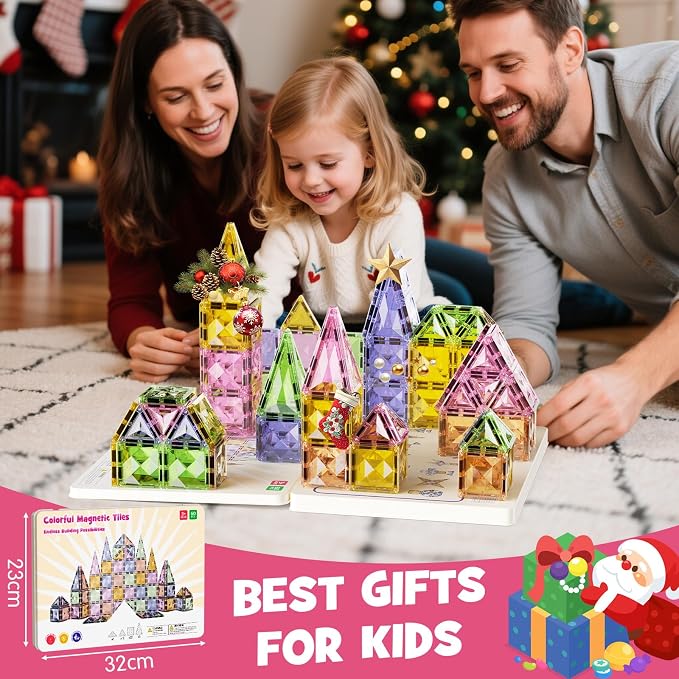 Clear Crystal Glitter Magnetic Tiles: Diamond Building Blocks for Kids | 60PCS Metal Storage Box, Compatible With Most Tile Sets, Strong Magnets, Ages 4-8, 60+ Mins Play Travel & Home Fun