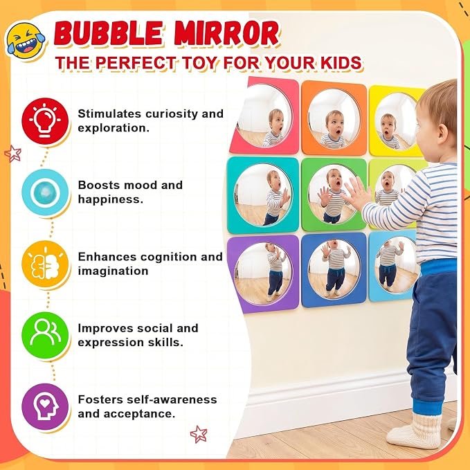 Geiserailie 9 Pcs Sensory Wall Bubble Mirrors, 6 x 6 Inch, CPC Certified | Colorful Acrylic Convex Mirrors, Sensory Room must haves, Classroom Learning Tool, Calming Corner, Preschool Daycare Activity