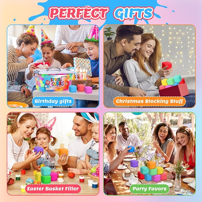 VISCOO 60 Pack Slow Rising Stress Cube, Stress Balls Fidget Squishy Toys | Squeeze Toy for Anxiety Relief, Pull Stretch Squishy Ball for Classroom Prize, Party Favors for Kids Adults