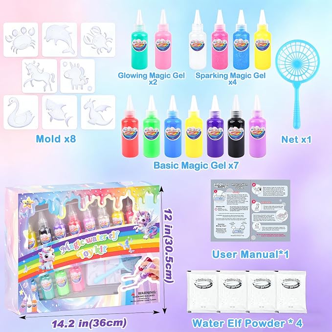 Louseadon Magic Water Elf Toy Kit for Kids, 13 Colors Magic Gel & 8 Molds, Make Your Own Water Pets, DIY Squishy Maker Set, Sensory Craft Toy, Party Favors & Gifts for Boys & Girls, Ages 3+
