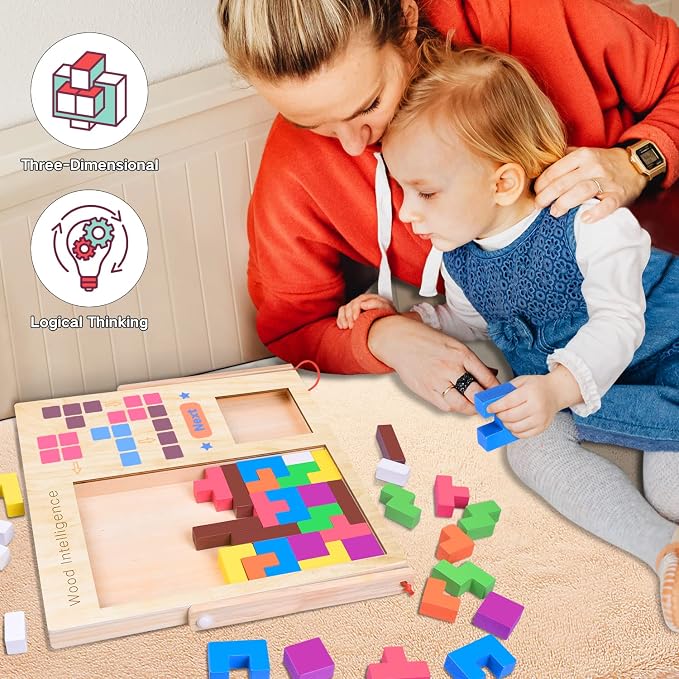 Wooden Puzzles for Kids Ages 4-8 8-10 Thick Colorful 3D Russian Blocks | Brain Teaser Tangram Jigsaw STEM Intelligence Toys Educational Gift for Toddlers 3 4 5 6 7 Years Old Boys Girls