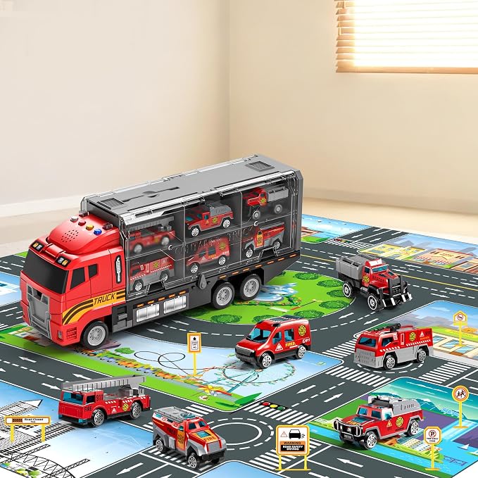 NIPLOOOW Toddler Boys Toys for 3-5 Years Old, Fire Truck Vehicle Set with Play Mat and Die-Cast Toy Car, Transport Carrier Truck for Kids 3-5, Birthday Gifts Toys for 3-8+ Year Old Boys