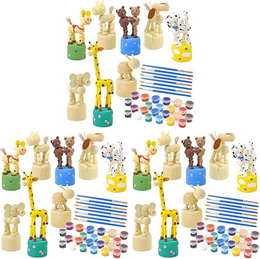 Vileafy Crafts for Kids Ages 4-8 with Paints & 8 Brushes, DIY Wooden Painting Kits for Boys and Girls, Unfinished Wood Animals Figures for Painting Party Favors and Kids Gifts (Pack of 3)