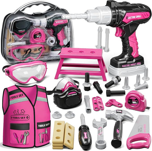 KidBloom Kids Tool Set, Toddler Tool Set with Box, Toys for 3 Year Old Girl | Construction Toys with Electric Toy Drill, Toy Tools with Vest, Pretend Play Tools for Kids, Birthday Gifts for 3 4 5 6 7 8 9