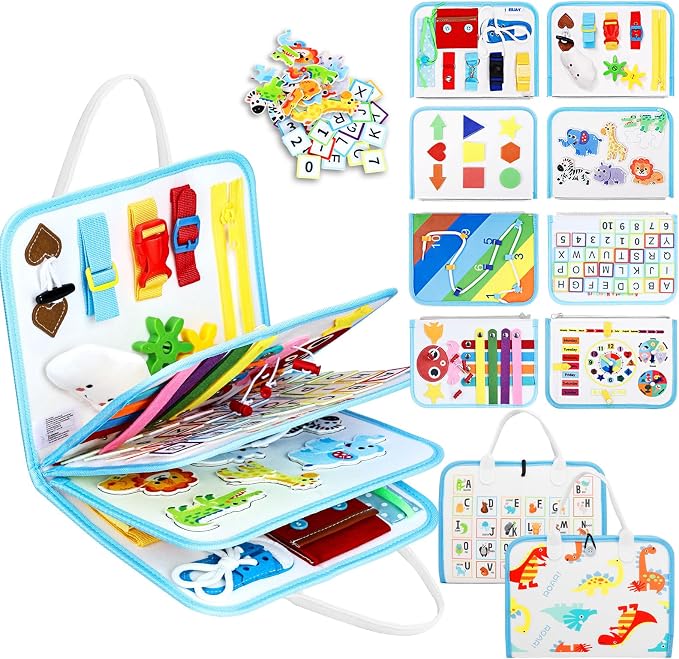 Esjay Busy Board Montessori Toys for Boys Girls, Sensory Book Educational Activities for Learning Fine Motor Skills, Birthday Gifts, Travel Toys for Airplane Car, White Multi