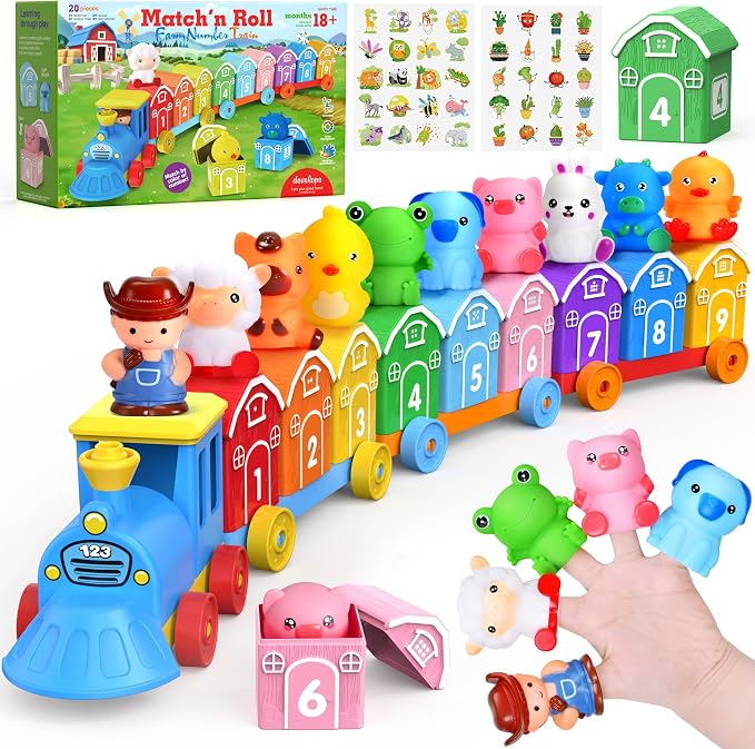 Montessori Learning Toy Toddler Animal Train Counting Barns Puppets | Montessori toy farm train set with 9 barns & 10 finger puppets for matching sorting, preschool gift for toddler boys girls