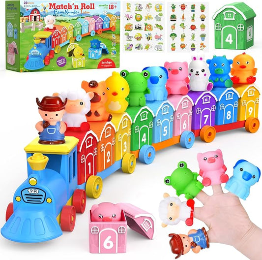 Montessori Learning Toy Toddler Animal Train Counting Barns Puppets | Montessori toy farm train set with 9 barns & 10 finger puppets for matching sorting, preschool gift for toddler boys girls