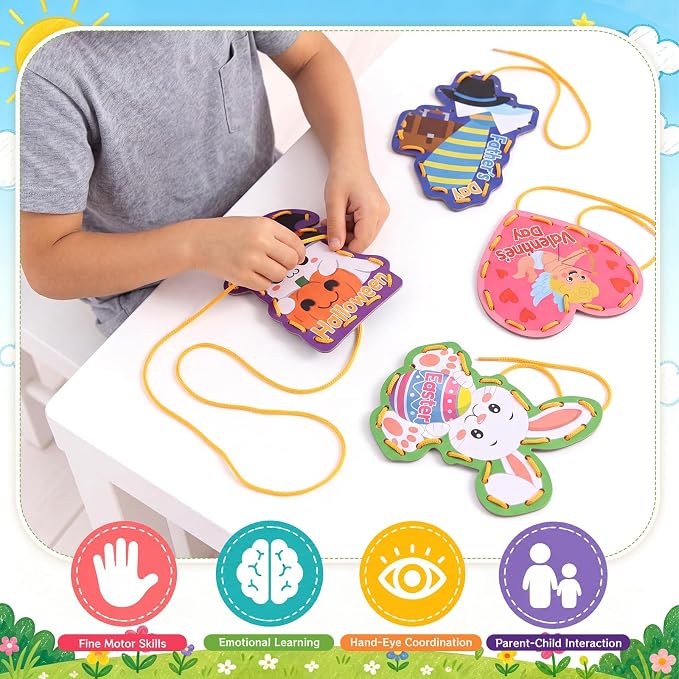 Funrous 10 Pieces Kids Recognition Lacing Cards,Holiday | Thick Cardboard Educational Sewing Cards, Double Sided Lacing Playing Games, For Preschool Developing Imagination Supplies