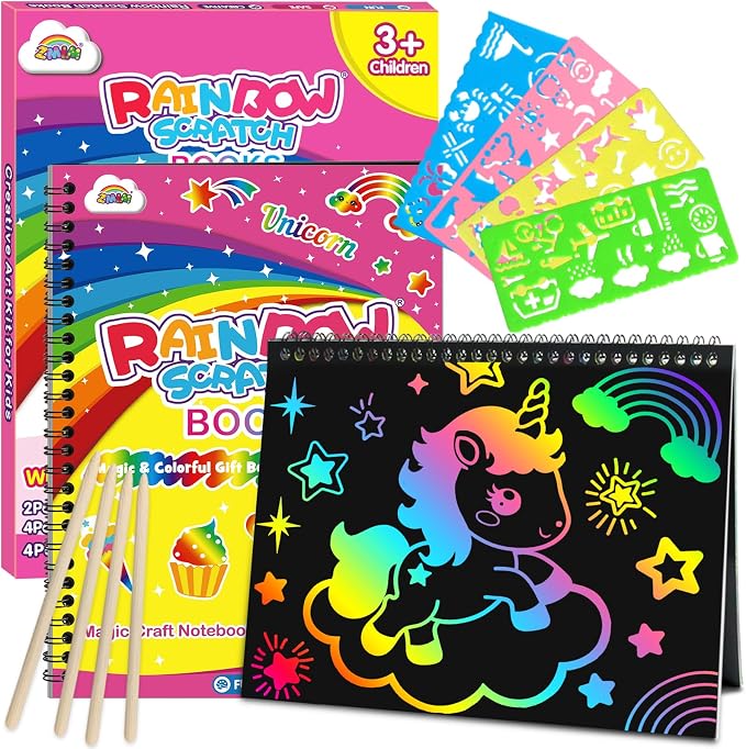 ZMLM Scratch Paper Art-Crafts Gift: 2 Pack Rainbow Notebooks Supplies Toys | Art Crafts for 3 4 5 6 7 8 9 10 11 12 Years Old Girls and Boys Kids Birthday Christmas Party Travel Games Activities Unicorns