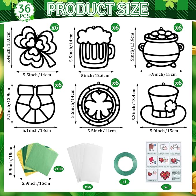 Qyeahkj 36 Set St. Patrick's Day Suncatchers Crafts for DIY Shamrock Window Tissue Paper Craft Kit Hanging Decor for St. Patrick's Day Home Activity Art Project Birthday Party Favor