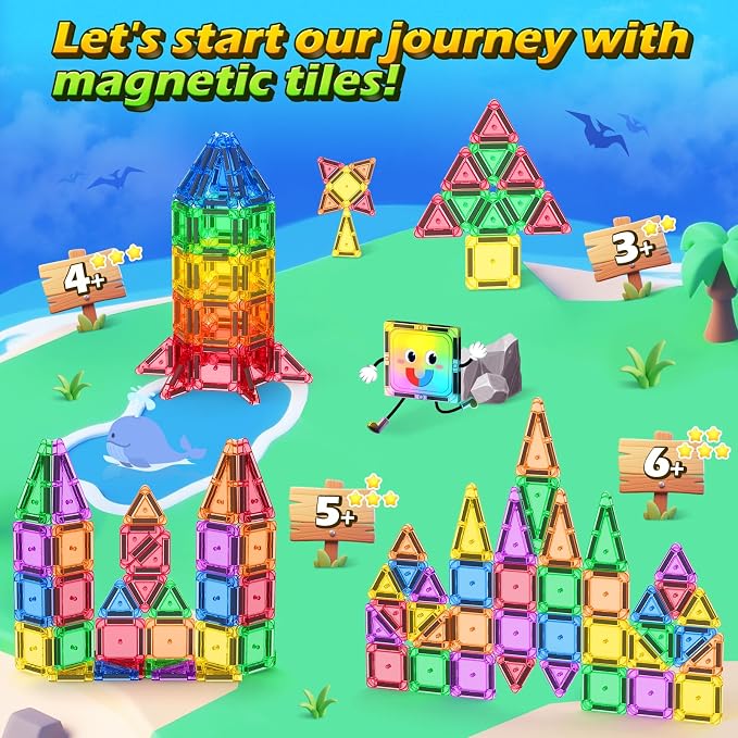 Mini Magnetic Tiles Travel Set STEM Educational Toys for Boys & Girls 3-8 | Outdoor Building Toys Preschool Classroom Must Have Portable Games with Iron Box for Car Airplane Kids Aged 3+ Birthday Gifts