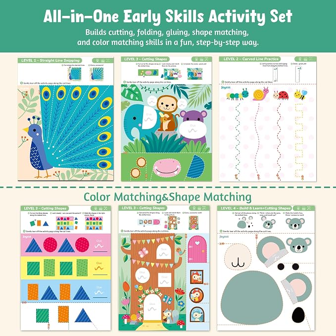 JoyCat Scissor Skills Activity Kit, Toddler Scissors Ages 3-5, Animals | Preschool workbook with 34 animal activities, scissors for kids and glue for 4-level toddler arts and crafts.