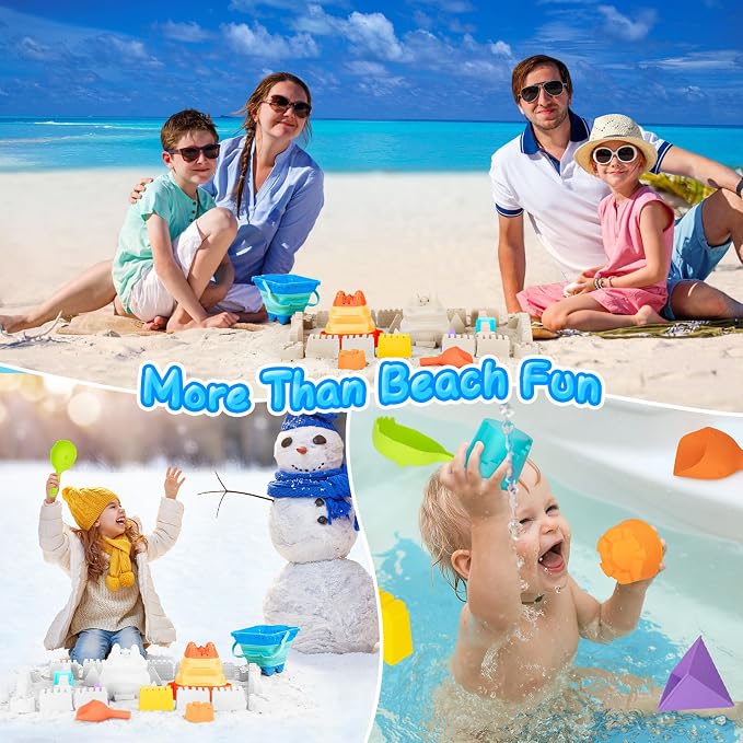 Beach Toys, Collapsible Sand Toys - 9pcs Sand Castle Building Kit: Foldable Sand Buckets, Shovels, Castle Molds & Packable Mesh Bag - Sandbox Toys for Toddlers, Kids Ages 3-12, Beach Travel