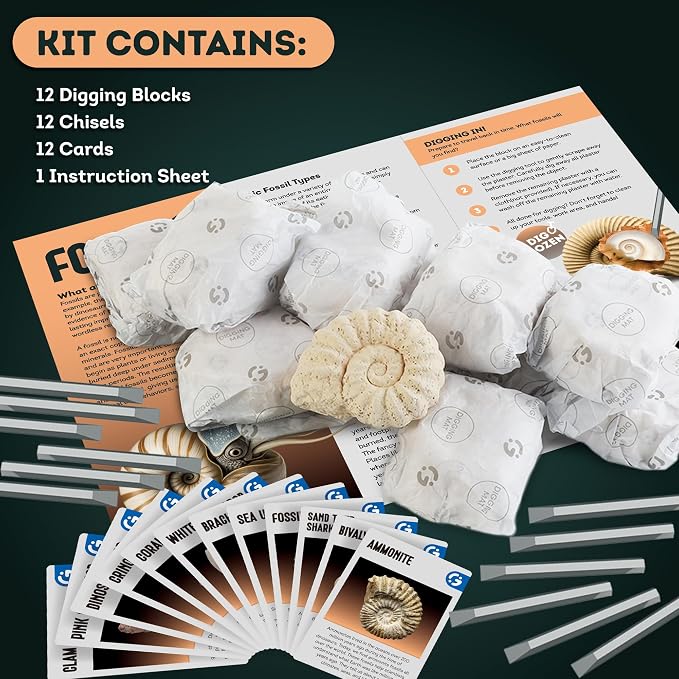 Gamerside Fossil Digging Kit, 12 Real Fossils & Dino Bones & Mess-Free Mat | Includes Learning Guide with Fossils Facts, Excavation Tools, Fun Paleontology Activity, Educational STEM Toys for Kids 6+