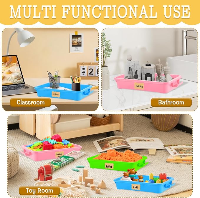 3 Pcs Plastic Sensory Bin Sand Tray with Lid 8 Stickers Portable Sandbox Container with Handle Clear Lid Stackable Play Tray for Home Office Storage Sand Arts Crafts Organizing