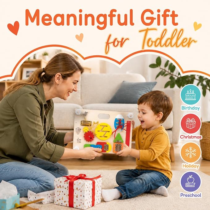 Montessori Busy Board for Toddlers 3+, Double Sided Sensory Board | 2-in-1, 20+Activities, Fine Motor Skills Toy, Calendar Learning Board, Life Skills Travel Toy