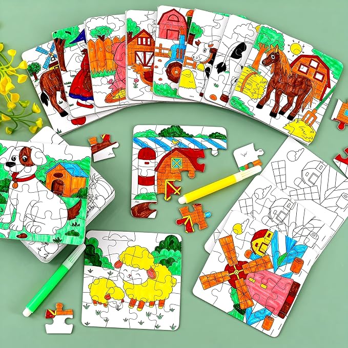 24 Sets Farm Animals Toddler Puzzles Ages 2-4 Bulk, Farm Party Favors Crafts DIY Paper Jigsaw Kit with Cow Dog Sheep, Fall Art Coloring Blank Puzzle for Classroom Gift Birthday Fun Games Toys Supplies