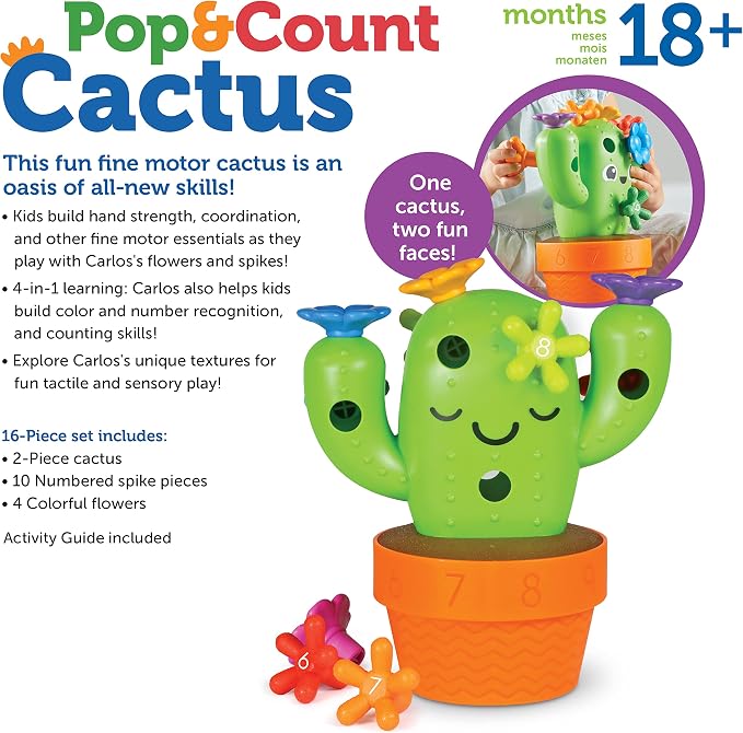 Learning Resources Carlos the Pop & Count Cactus - 16 Pieces, Age 18+ Months, Toddler Montessori Toys, Stacking Shape, Sorting And Matching Skill Activities, Educational Games