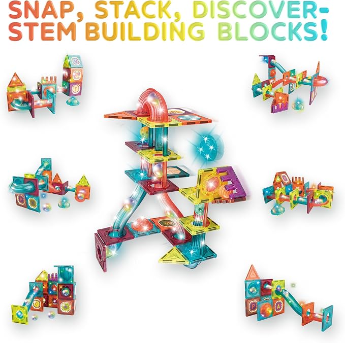 Contixo STEM Building Toys - 65 pcs Marble 3D Magnetic Run Tiles Learning Stacking Educational Building Blocks Set, Creativity Beyond Imagination, Inspirational, Recreational Toy for Kids, Ideal Gifts