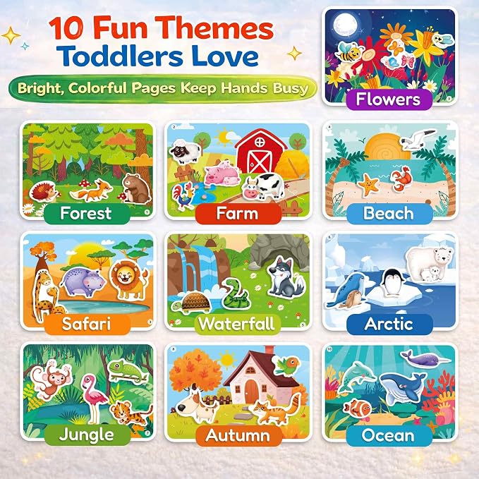 Jelly Sticker Books for Toddlers 3-5 - 40+ Reusable Stickers Busy Book | 10 Animal Topics - Waterproof Washable Toddler Activity Book - Learning Toys for Shapes, Colors, Matching, Animals