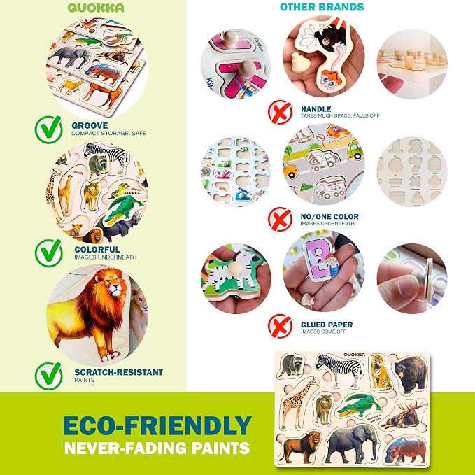 Wooden Puzzles for Toddlers 1-3 - 3 Montessori Kid Puzzles Ages 2-4 | Realistic Toddlers Puzzle for Kids 3-5 Year Old Boy and Girl - Wood Learning Toy with Animals for Children