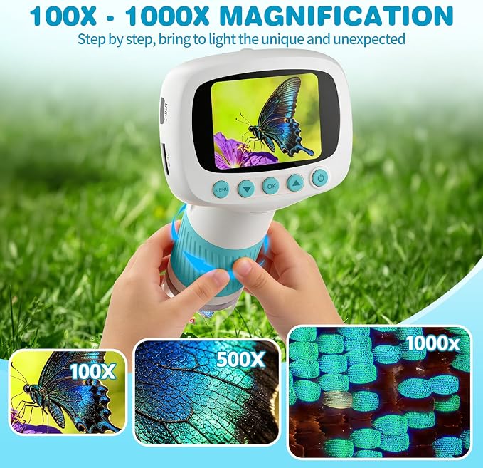 Pocket Kids Microscope for Over 3 Years Old, 1000X Handheld Microscope for Kids w/2''IPS Digital, Photo Video Mini Portable Microscopes, Science Edu Digiscope,Christmas Birthday Gifts for Kids