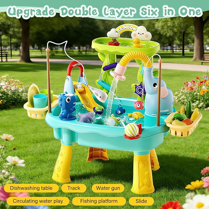 2027 Upgraded 4-in-1 Sand Water Table for Toddlers 1-3, Kids Sensory Table with Electric Water Pump & Elephant Faucet, Play Kitchen Sink with Food Accessories, Fishing Toy (Blue) | 4-in-1 sand and water table with electric pump, play kitchen sink and f...