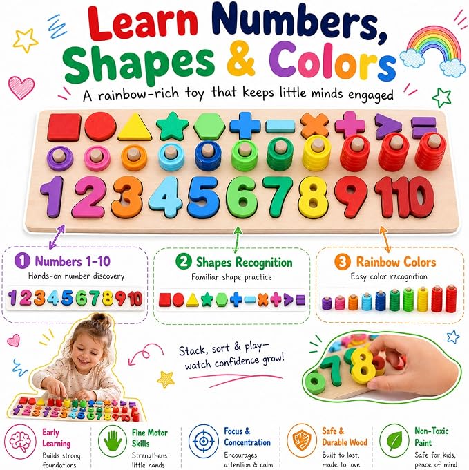 GeroCrew Wooden Montessori Toys for Kids Toddler Number Puzzles Sorter Counting Shape Stacker Stacking Game Preschool Toys for Boy Girl Learning Education Math Blocks Year Old Girl Gifts (Rainbow)