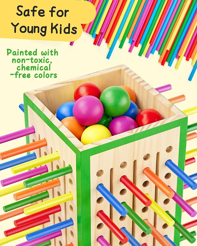 Montessori Wooden Board Game Ages 4-8 Fine Motor Toy | Water-Based Paint, Smooth Finished Edges, Family Night, Color Matching, 12 Balls, Storage bag, Ideal Gift