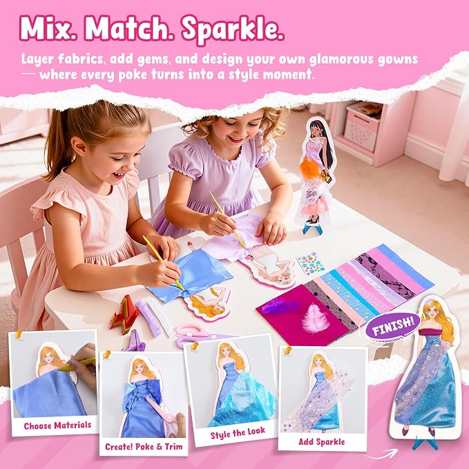 JoyCat Fashion Design Poke Art Kit for Girls, 6 No-Sew Mannequins | A hands-on alternative to paper dolls and fashion plates: cut real fabric and poke it into 6 reusable EVA mannequins.