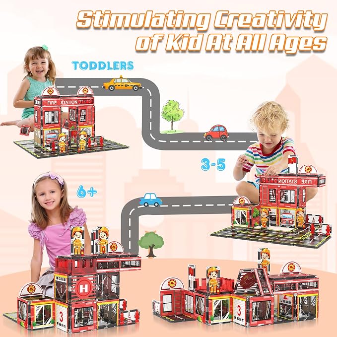AFUNX Fire Station Magnetic Tiles Building Set for Kids Ages 3+ | Strong Magnets, Compatible with Major Magnetic Tile Brands,Rescue Pretend Play, Creative Building,Gift Ready