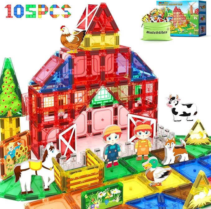 105 PCS Magnetic Tiles with Farm Animals, Magnetic Blocks Building Toys for 3+ Year Old Toddler, Construction STEM Magnet Toys Gift for Kids, Boys and Girls 3 4 5 6 7 8+ Year Old