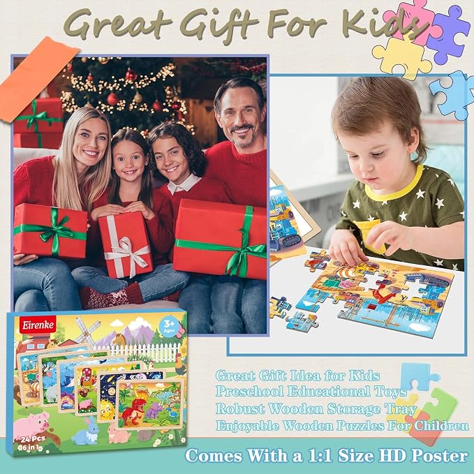 Wooden Puzzles for Kids Ages 4-6, 6 Packs 24 Pcs | Jigsaw Puzzles Preschool Educational Toys Gifts for Children Ages 3 4 5 6 Year Old Kids Puzzles Ages 3-5 Year Olds Boys Girls