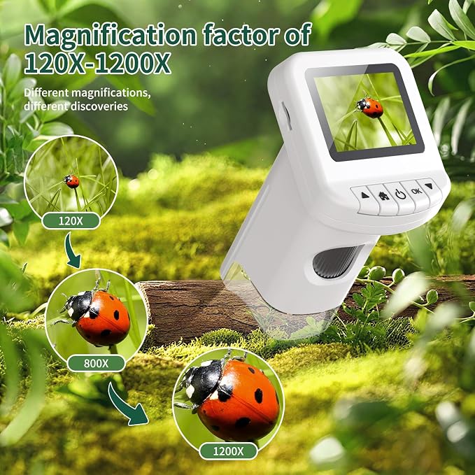 1200X Handheld Portable Microscope for Kids Digital Scope 2.0" Screen Rechargeable STEM Toy Slide Kit Pocket Science Gift for Children Ages 6-12 Students (White)