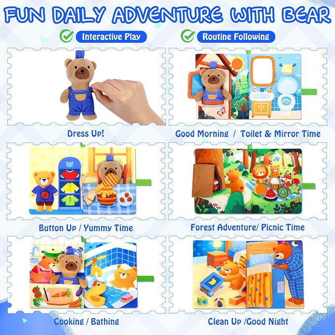 Esjay Busy Book for Toddlers 1-3, Bear Busy Board Montessori Toys, Learning Activities Fine Motor Skills Book, Birthday Gifts 1 2 3 4 Year Old Toddler Baby Girls Boys, Travel Toy for Airplane Car