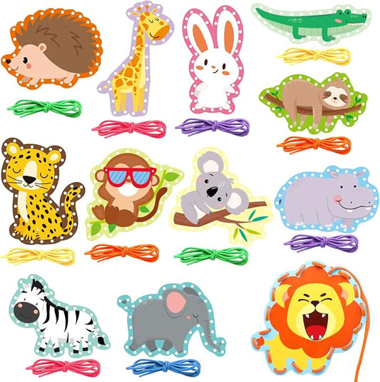 Jungle Animal Lacing Cards 12 Pack Sewing Kits for Kids Lion Wild Animal Cardboard Double Side Kids Sewing Cards Lacing Playing Games for Developing Imagination Preschool Educational Learning Activity