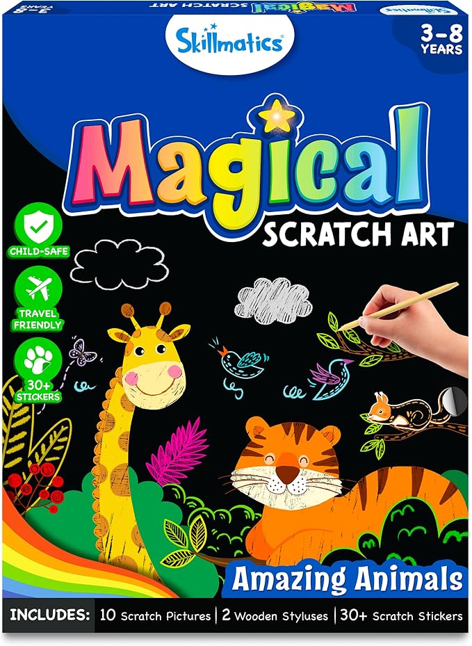 Skillmatics Magical Scratch Art Book – Animals, Paper Craft Kit, Travel Toy | DIY Craft Kits & Supplies, 30+ Scratch Stickers, Travel Toys, Screen-Free, Gift for Girls & Boys Ages 3, 4, 5, 6, 7, 8