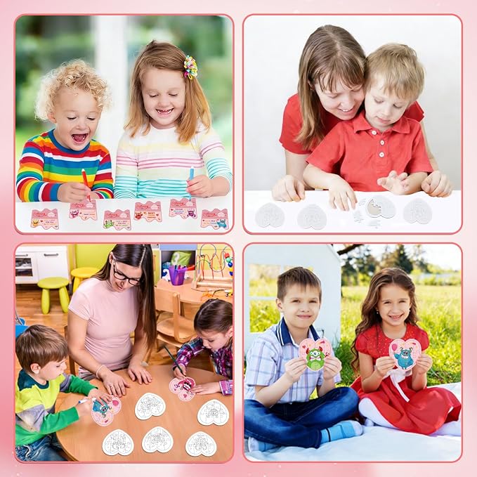 Fennoral 24 Pack Valentines Day Gifts for Kids Classroom Color Your Own Heart Monster Jigsaw Puzzles with Card DIY Coloring Valentine's Day Craft Kit Art Activities Valentines Party Favor Supplies