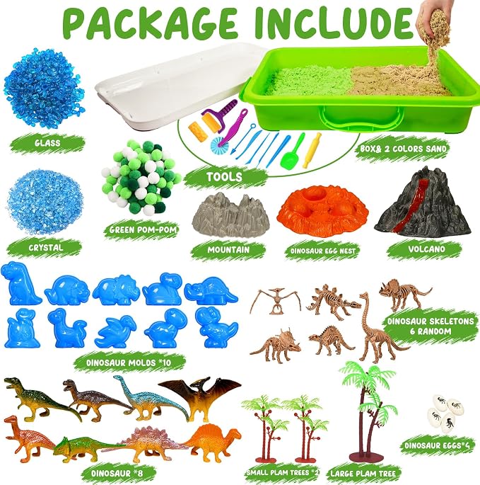 Bbiamsleep Dinosaur Sensory Bin, 147 Pcs Dino Sensory Bin Filler | Dino Sensory Bin Set with Sandbox 10 Dinosaur Mould 9 Tools for Home Decor